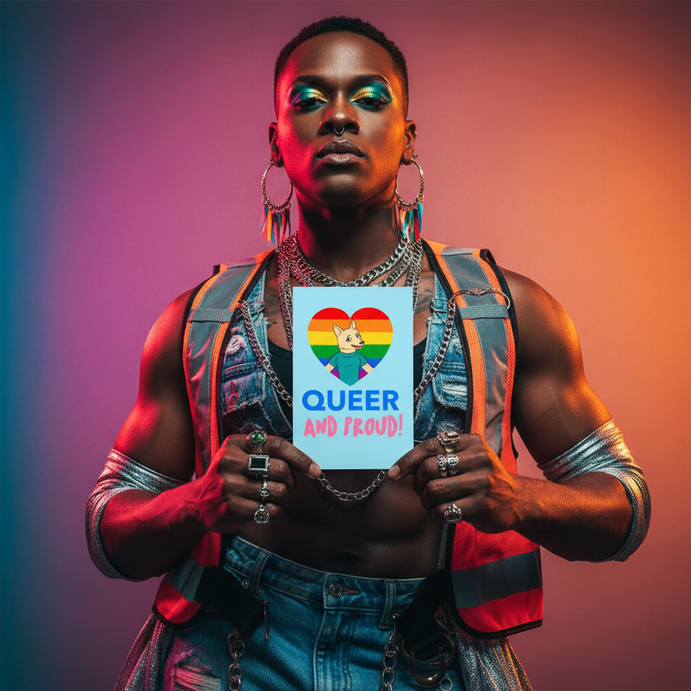 Queer And Proud Postcard features a bold figure holding a "Queer and Proud!" sign with a rainbow heart and cartoon cat
