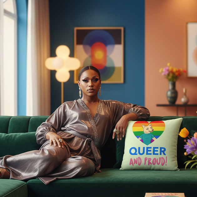 A person in a silver jumpsuit on a green sofa rests on a “Queer And Proud” pillow with cartoon cat and rainbow flag