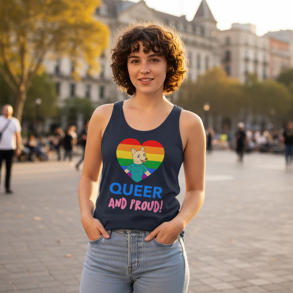 Unisex tank top with "QUEER AND PROUD!" slogan, rainbow heart, and cartoon cat; worn outdoors amid trees, people