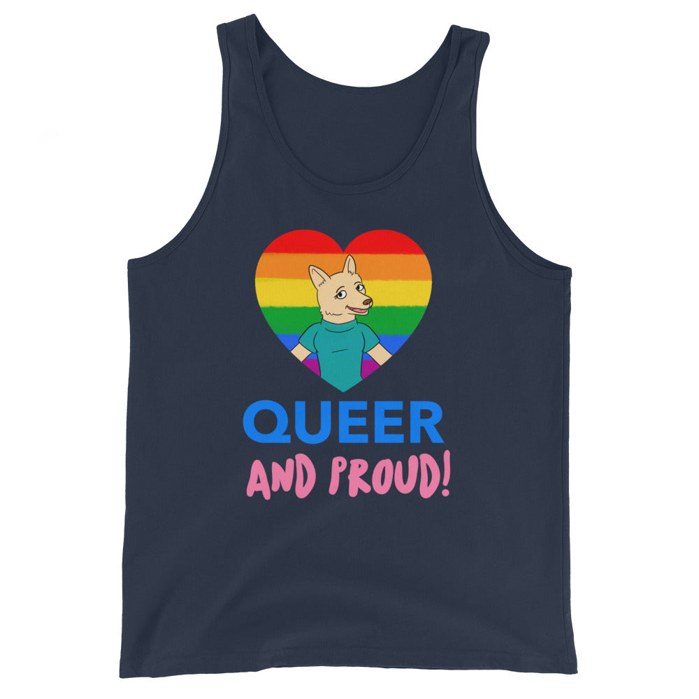 Navy tank top reading “QUEER AND PROUD!” below a rainbow heart and cartoon dog
