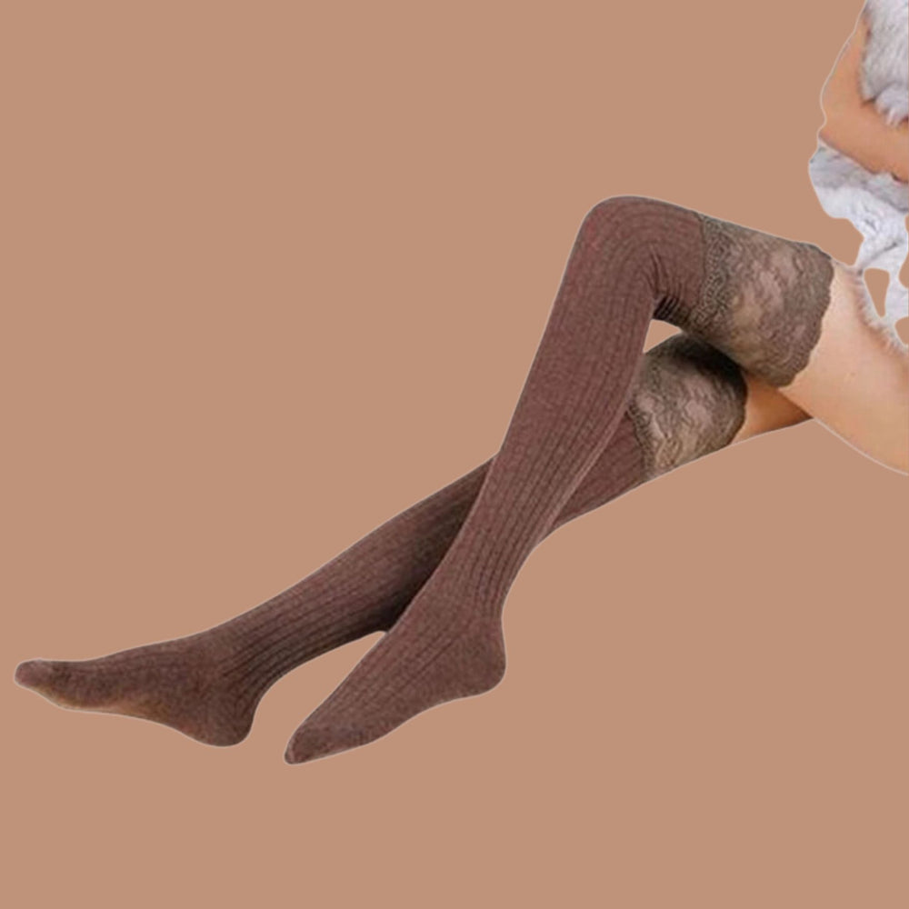 Model wearing brown ribbed over-knee socks with wide lace tops