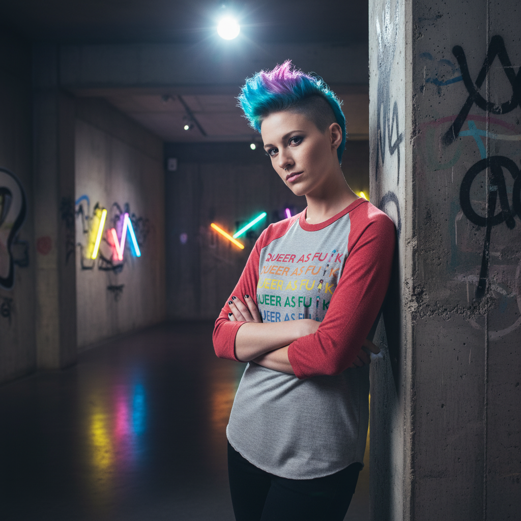 Queer As Fu#k 3/4 sleeve raglan shirt worn by a person with a blue-pink mohawk, arms crossed