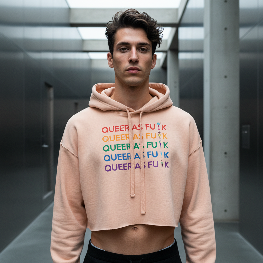 Queer As Fu*k Crop Hoodie on a young man, “Queer As F**k” five times in rainbow colors, bold queer vibes in a grey corridor.
