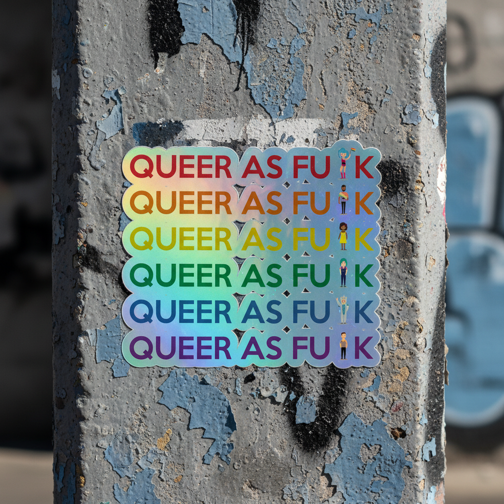 Holographic sticker reads "Queer As Fu#k" in rainbow letters on durable vinyl