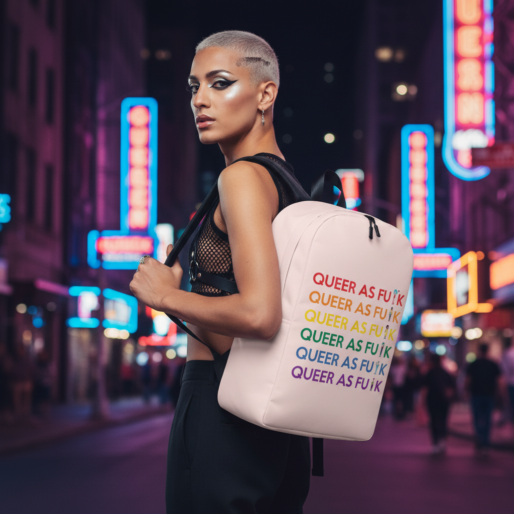 Light pink "Queer As Fu#k" minimalist backpack with rainbow text