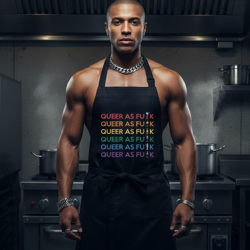 Front-facing model wearing a black apron with six rainbow “QUEER AS FU*K” lines