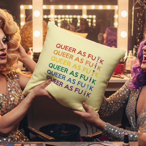 Two drag queens in shimmering dresses and wigs sit at a makeup table