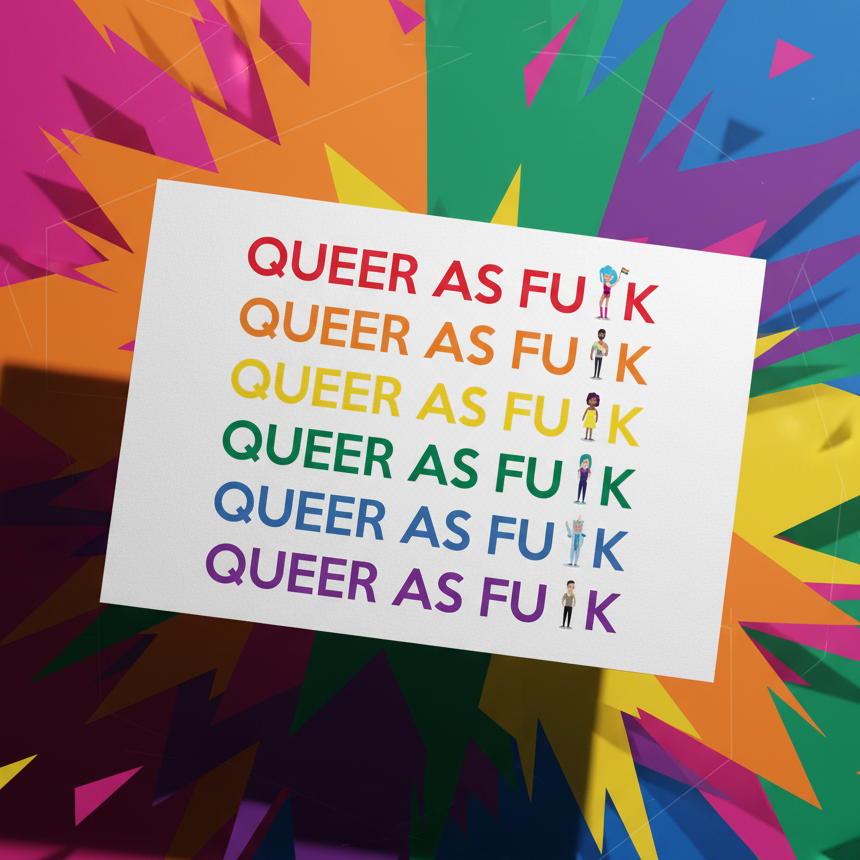 Postcard with “QUEER AS F🧑‍🤝‍🧑K” repeated six times in rainbow colors on a bright spiked starburst