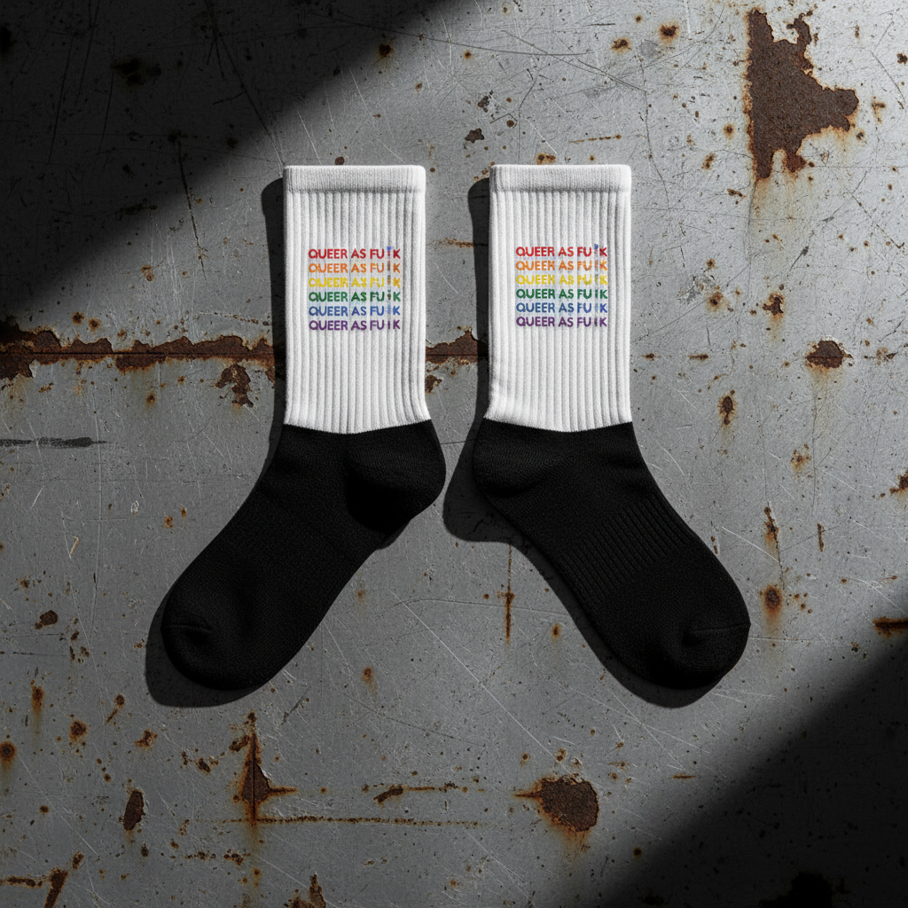 Crew-length black-and-white socks with "QUEER AS F*#K" in rainbow colors, stacked five times on white; black toes and heels.