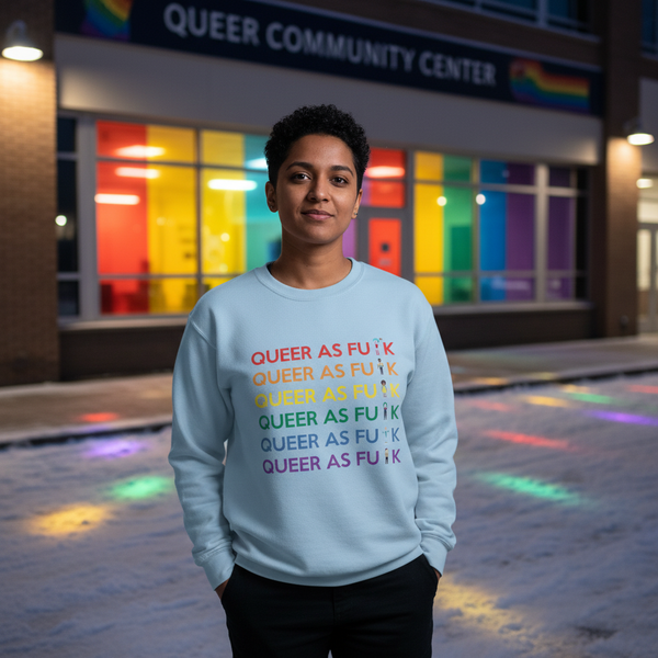 Front-facing person wearing a light-blue sweatshirt reading “QUEER AS FU*K” in rainbow colors