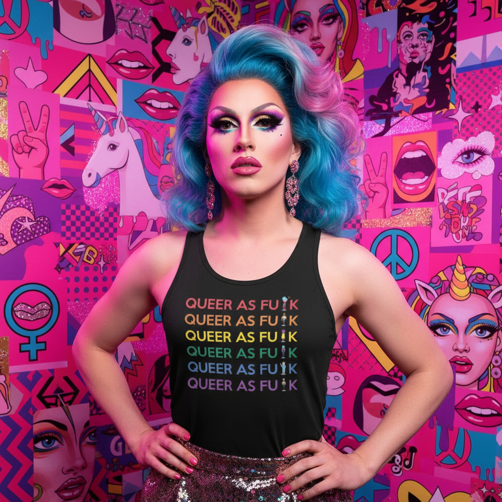 Unisex tank top reads "Queer As Fu#k" in rainbow letters
