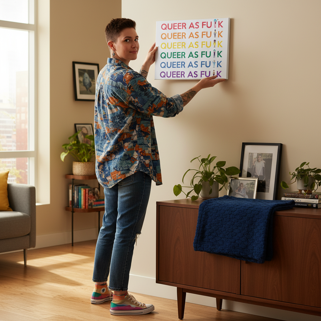 Queer As Fu#k canvas print, bold and fade-proof, gets hung by someone in a rainbow shirt