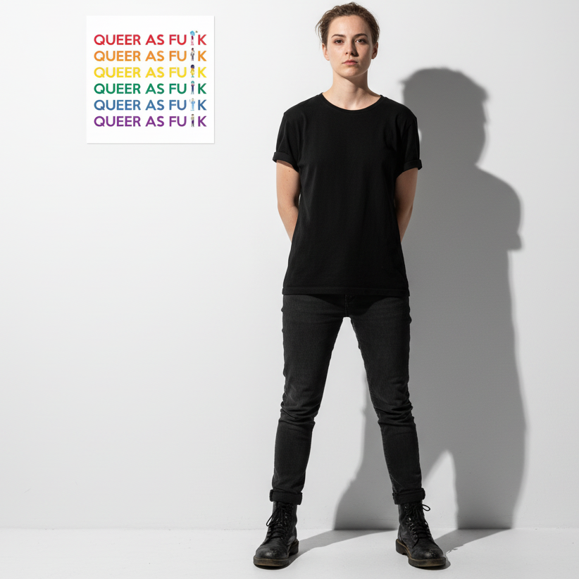 Queer As Fu#k poster with bold rainbow lettering on matte paper, shown against a white wall and person in all-black