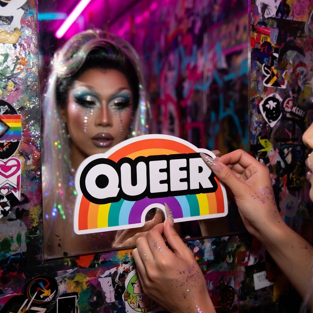 Queer Bubble-Free Sticker in adhesive vinyl held by a person in dazzling drag makeup, blue glittery eyeshadow