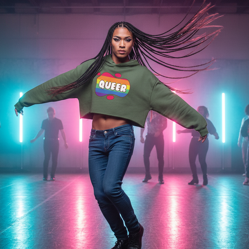 Queer Crop Hoodie with bold “QUEER” text, styled by a dancer in blue jeans and black shoes, vibing in a neon-lit studio.