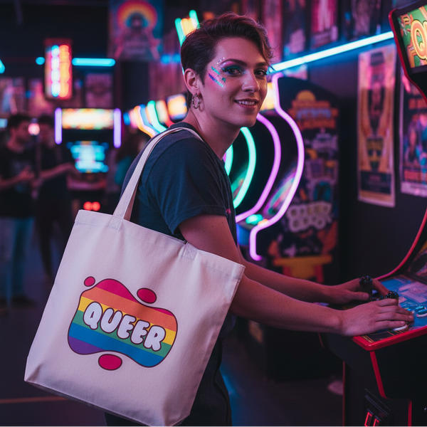 Person playing an arcade game while carrying a white tote with a rainbow QUEER graphic