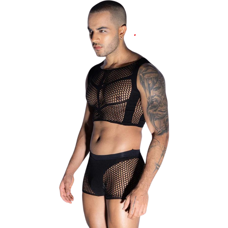 Model wearing a black fishnet crop top and matching shorts, shown against white