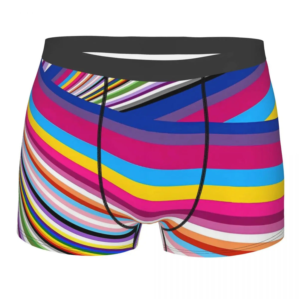 Front view of colorful rainbow-striped boxer briefs with a black waistband