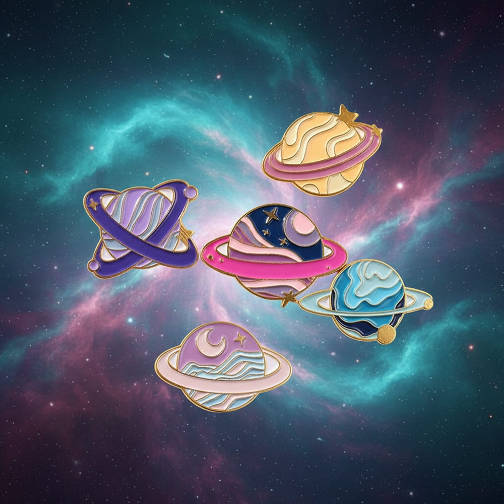 Five colorful enamel planet pins floating against a turquoise and pink galaxy background