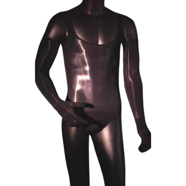 Front view of a black glossy long-sleeve bodysuit on a headless mannequin