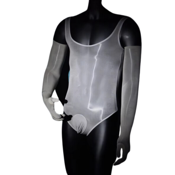 Front three-quarter view of a black mannequin wearing a sheer gray bodysuit with long mesh sleeves