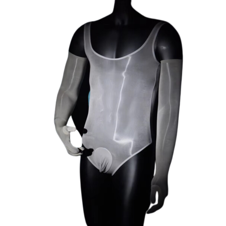Front three-quarter view of a black mannequin wearing a sheer gray bodysuit with long mesh sleeves
