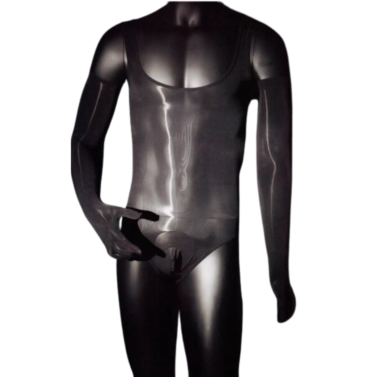 Front view of a black mannequin wearing a shiny black long-sleeved bodysuit with an open chest