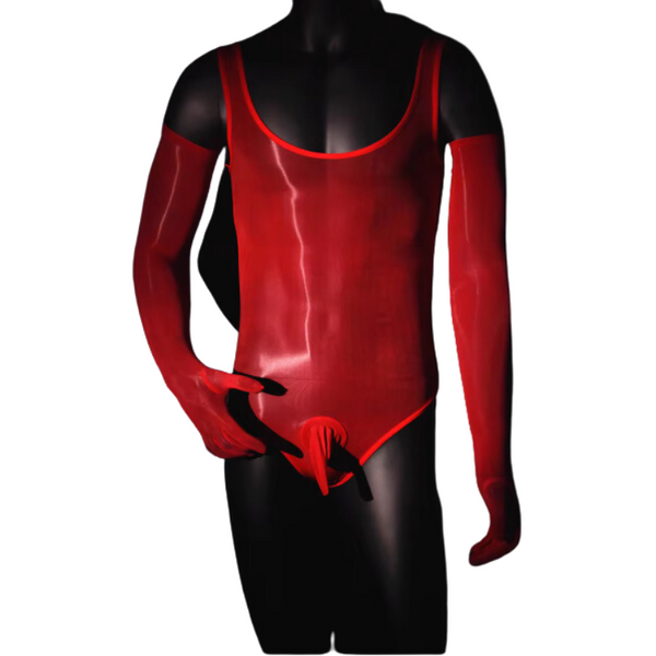 Front-view black mannequin wearing a glossy red cutout bodysuit with a prominent penis pouch