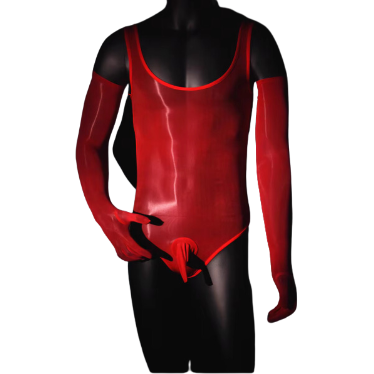 Front-view black mannequin wearing a glossy red cutout bodysuit with a prominent penis pouch