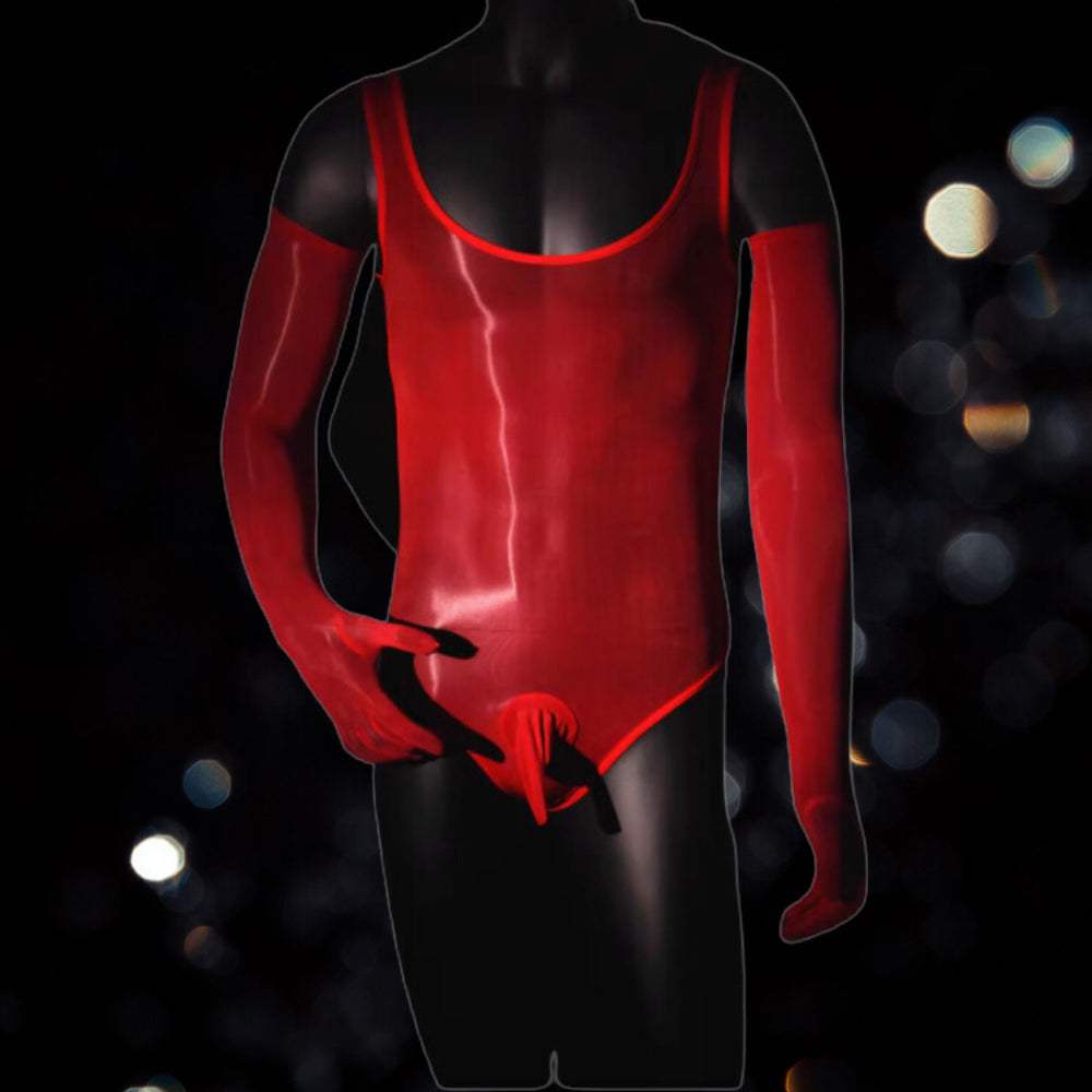 Front view of a glossy red open-crotch bodysuit with matching long gloves on a black mannequin