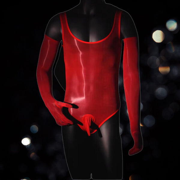 Front view of a glossy red open-crotch bodysuit with matching long gloves on a black mannequin