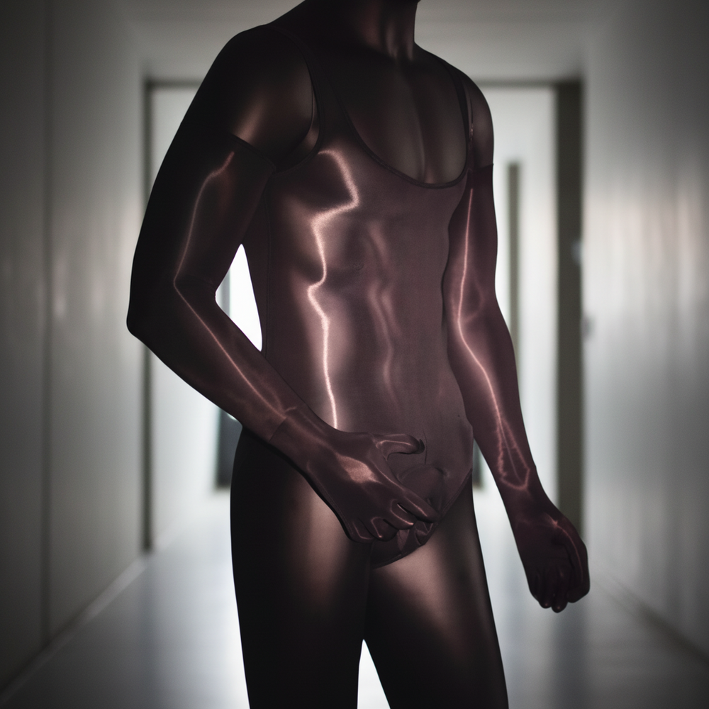 Queer Glow-Up Shiny Member Bodysuit with a glossy, figure-hugging finish, torso and arm centered in soft minimalist light.