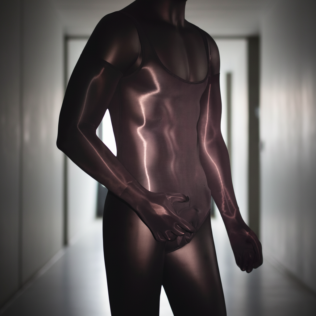 Queer Glow-Up Shiny Member Bodysuit with a glossy, figure-hugging finish, torso and arm centered in soft minimalist light.