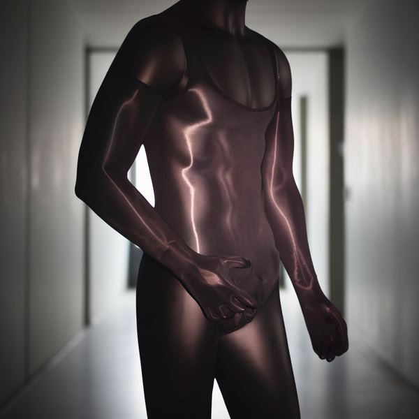 Queer Glow-Up Shiny Member Bodysuit with a glossy, figure-hugging finish, torso and arm centered in soft minimalist light.