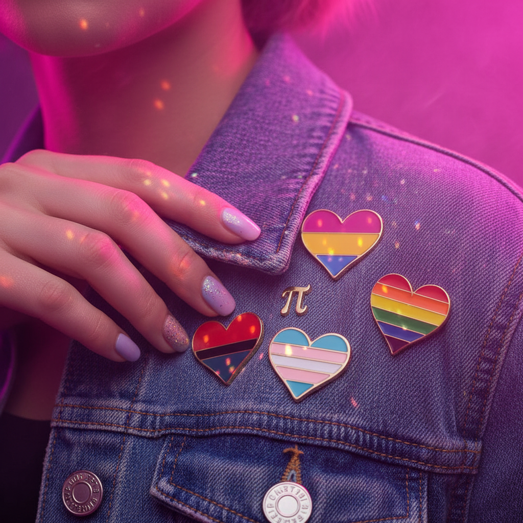 Heart-shaped pride enamel pins and a gold pi pin on a denim jacket under pink-purple lighting