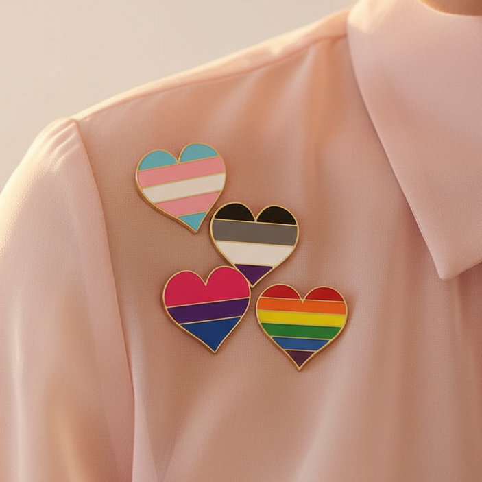 Four heart-shaped pride enamel pins arranged on the chest of a pale pink blouse