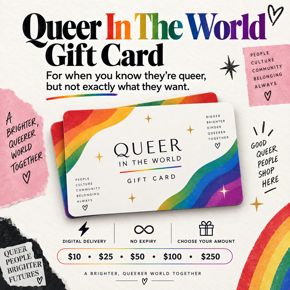 Queer in the world gay lgbtq gift card photographed for the product listing.
