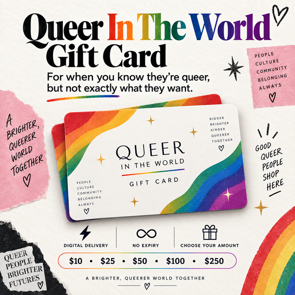 Queer in the world gay lgbtq gift card photographed for the product listing.