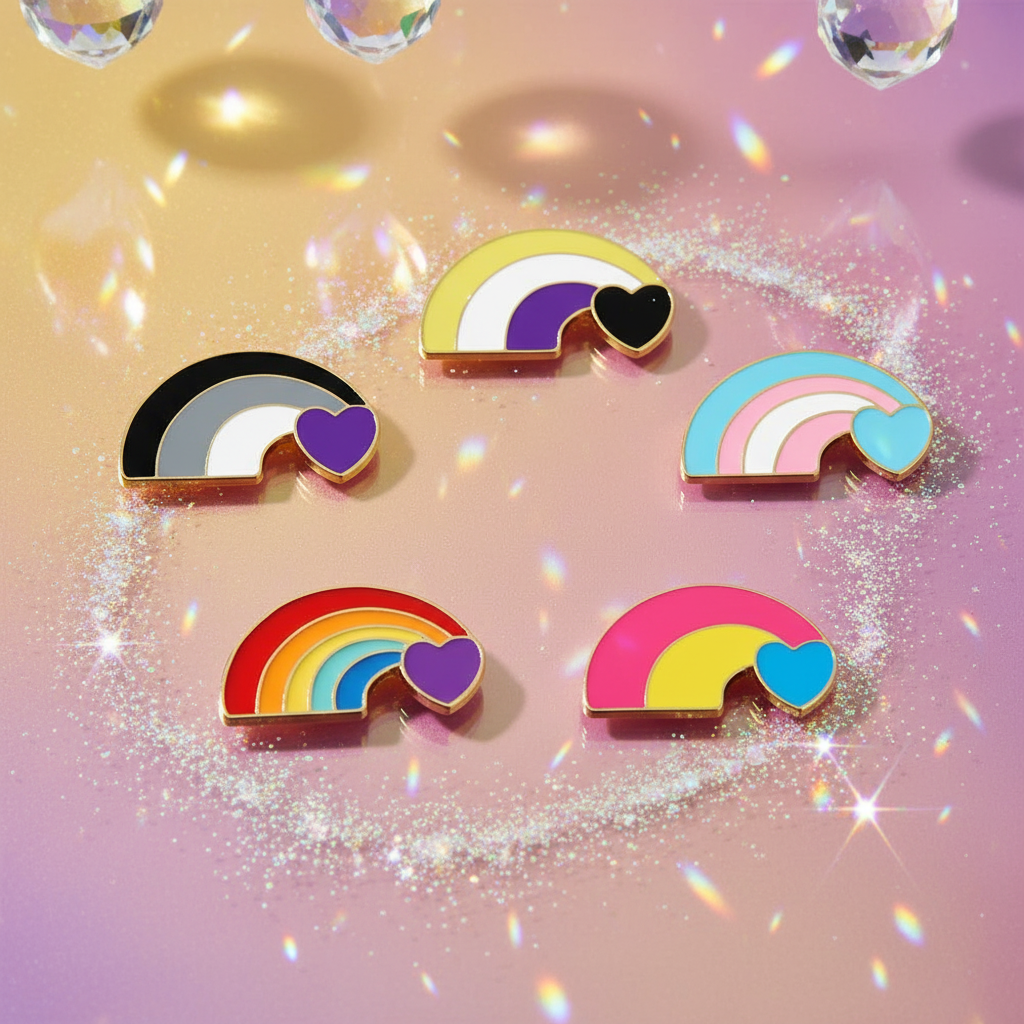 Five rainbow-and-heart enamel pins arranged on a glittery pink and yellow background