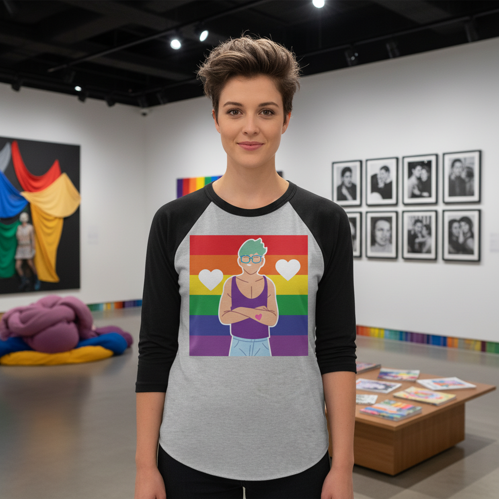 Queer Love 3/4 sleeve raglan shirt with rainbow flag and cartoon figure, worn by a short-haired person