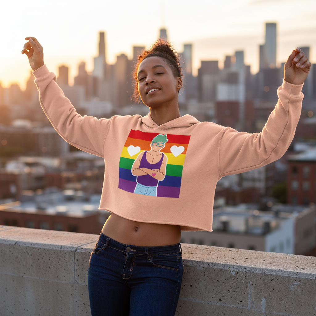 Queer Love Crop Hoodie with Pride rainbow flag and cartoon figure, worn by a smiling person on a rooftop at sunset