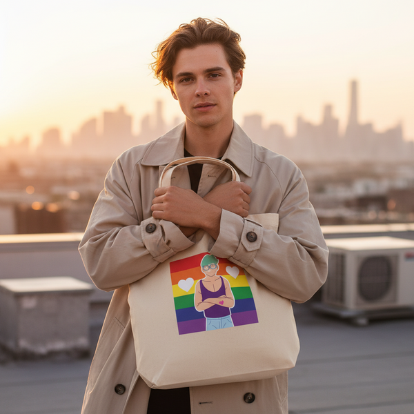 Person holds a cream tote with a rainbow-striped cartoon figure and heart graphics on a rooftop