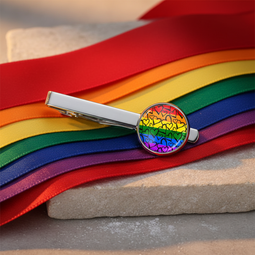 Queer Love Hearts Tie Clip—a silver tie bar with a rainbow heart on its round end
