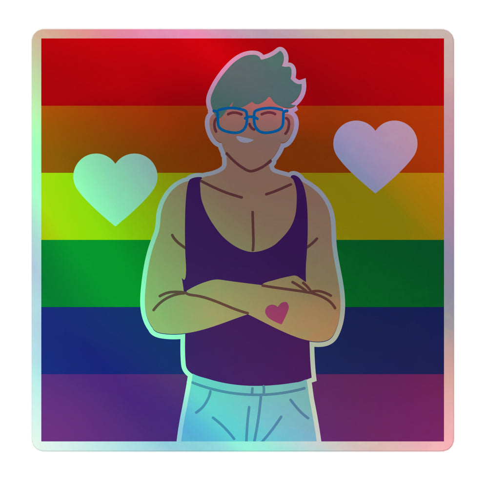 Holographic sticker showing a bespectacled person with crossed arms before a rainbow flag and hearts