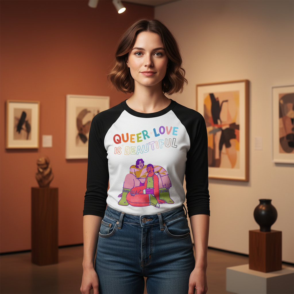 Queer Love Is Beautiful 3/4 sleeve raglan shirt with vibrant art of two folks embracing