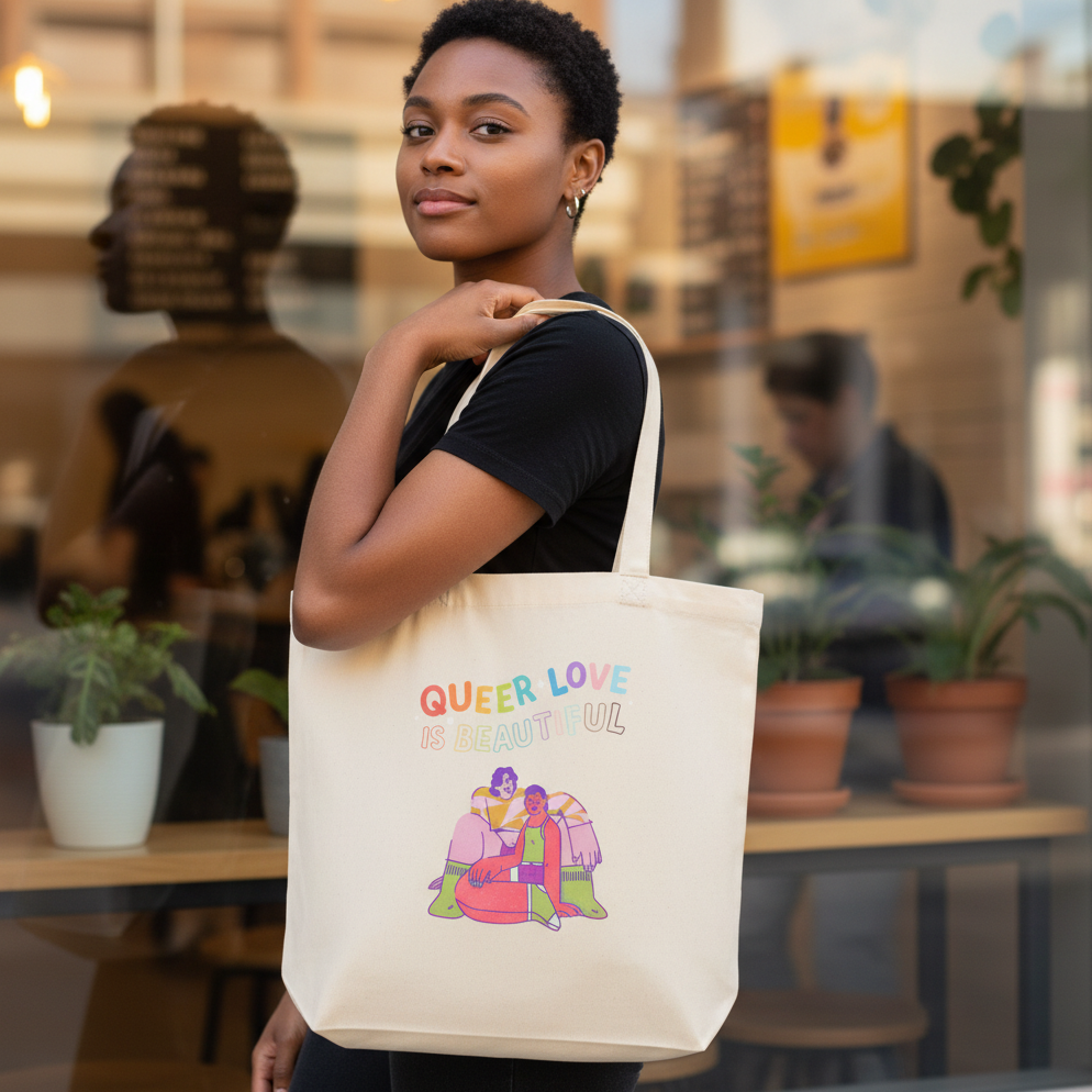 Queer Love Is Beautiful Eco Tote Bag, canvas with art of two lovers hugging