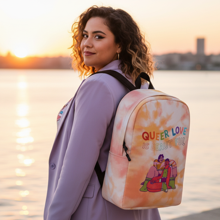 Queer Love is Beautiful Minimalist Backpack, worn by a curly-haired femme