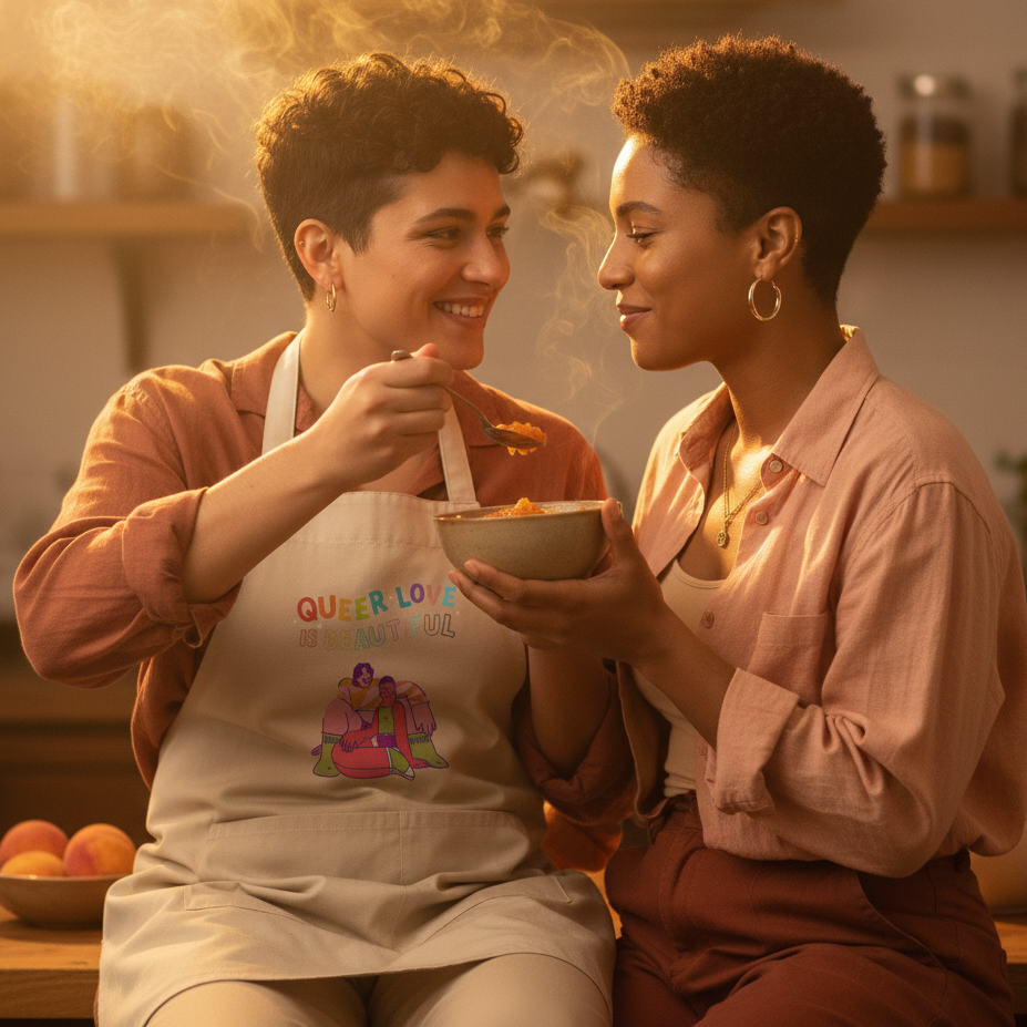 Two people share a bowl in a warm kitchen; one wears a “Queer Love Is Beautiful” apron.