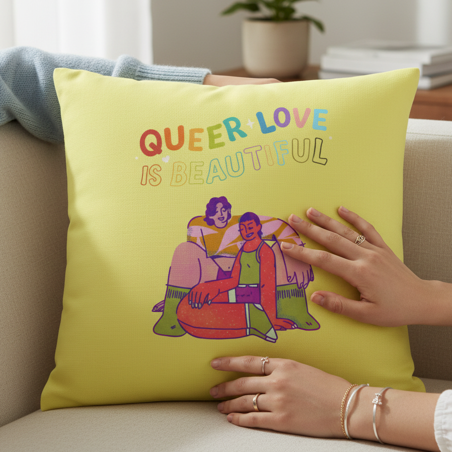 Yellow Queer Love Is Beautiful Pillow with two smiling people beneath colorful “QUEER LOVE IS BEAUTIFUL” text