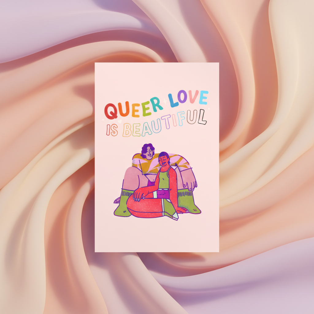 Postcard with two people cuddling below rainbow “QUEER LOVE IS BEAUTIFUL” text, in soft pink, peach